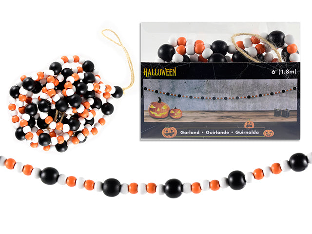 6ft Hween 3-Tone Wooden Beaded Garland. PVC Box w/Insert.