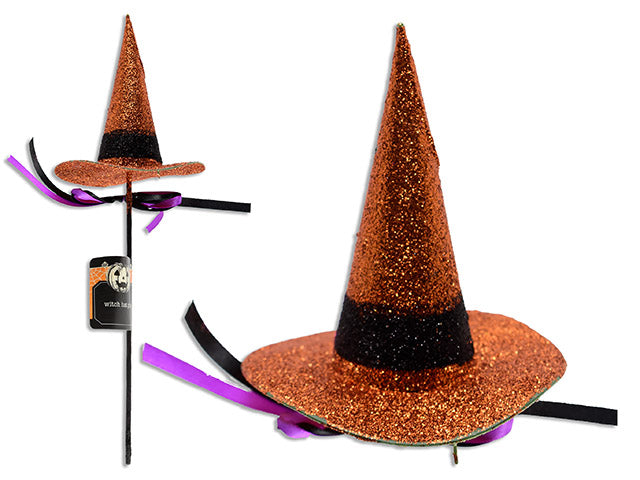 12.6in Glitter Witch Hat Pick w/Satin Ribbon. Hat Size: 4.5in(H) x 4in(D). Cht.