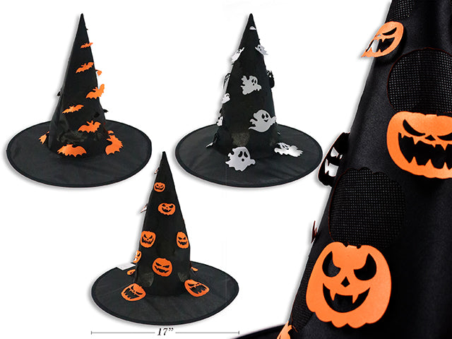 17in(D) x 14.4in(H) Hween Satin Witch Hat w/ Die-Cut Flipped Out Icon. 3 Asst. J-Hook w/Cht.