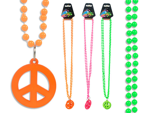 2pk 32in Neon Beaded Necklace w/Peace Pendant. 4 Asst.Colours. Wrap Header.