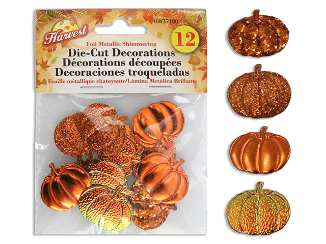 12pk Foil Metallic Shimmering Die-Cut Harvest Decoration. 3 Asst.Styles. Pbh.