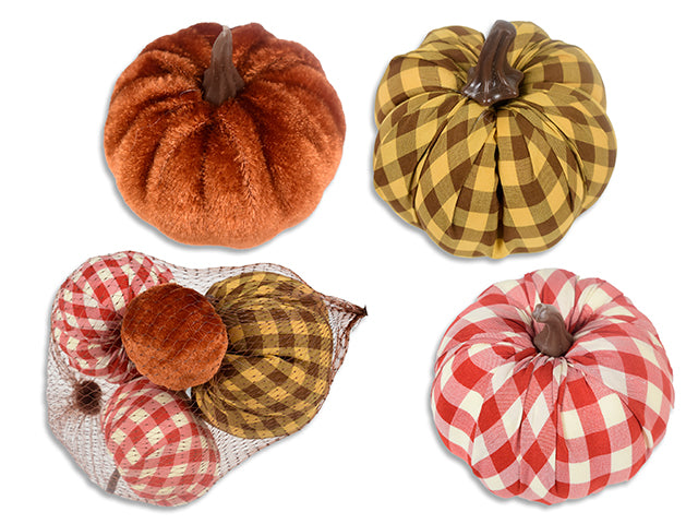 4pcs Fabric Pumpkin Decoration. Incl: 3pcs Plaid + 1pc Flocked. Meshbag w/Cht.