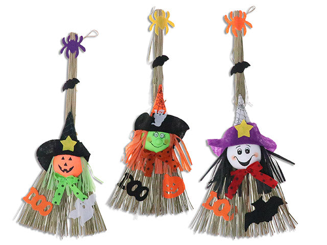 23.63in Hween Character Straw Broom Hanging Decoration. 3 Asst.Styles. Cht.