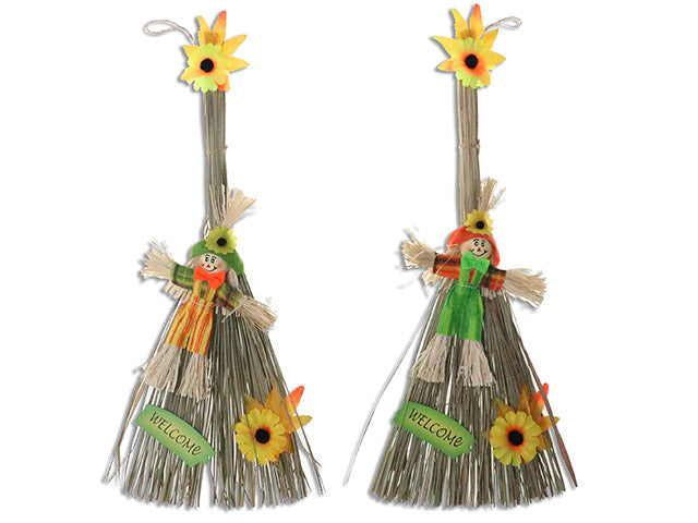 19.7in Harvest Scarecrow Straw Broom Hanging Decoration. 2 Asst.Styles. Cht.