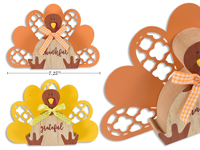 7.2in x 4.8in Harvest MDF Turkey w/Metal Wings Tabletop Decor. 2 Asst.Cols.