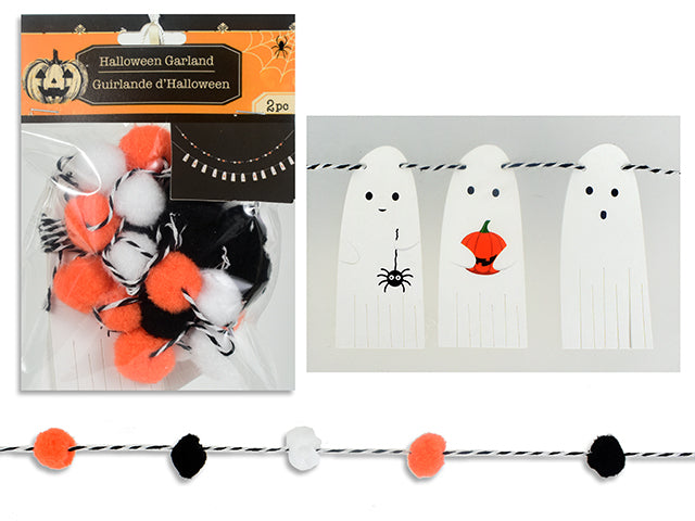 Set/2 5.9ft (1.8m) Hween Garland. 2 Garlands/Pack. Incl: Paper Garland + Pom Pom Garland. Pbh.