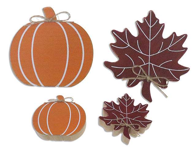 Harvest MDF Die-Cut MDF Tabletop Decor w/Jute Ribbon. 2 Asst.: Maple Leaf / Pumpkin.