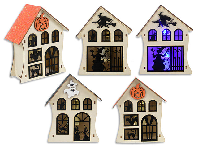 5.91in(H) Hween B/O LED 3-D MDF Haunted House. 3 Asst.Styles. Kraft Box w/Col.Label.