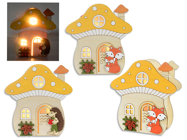 6.3in(H) Harvest B/O LED 3D MDF Decor Mushroom House. 2 Asst.Styles. Kraft Box w/Col.Label.