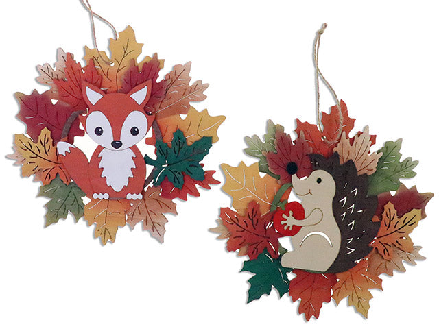 8.66in Harvest 3-D Layered Wooden Maple Leaf w/Animal Hanging Decoration. 2 Asst. Cht.