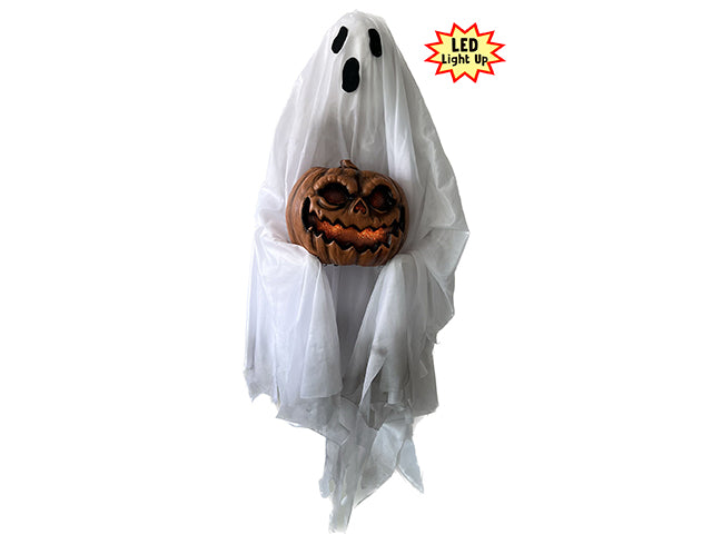 47.25in B/O LED Sound Activated L/U Ghost Holding Jack-o-Lantern. Try-Me. Cht.