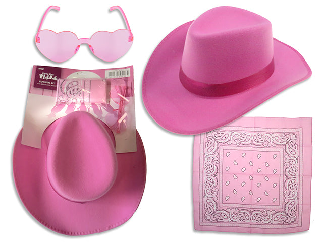 Set/3 Adult Pink Cowboy Costume Set. Incl: Felt Cowboy Hat / Bandana / Sunglasses. T.o.c.