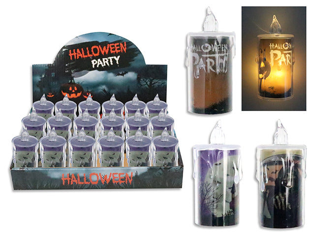 3.25in(H) x 1-3/8in(D) B/O LED L/U Hween Printed Candle. 3 Asst. 24/Fty Dsp.