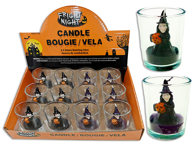 2-1/8(TD) x 2-5/8in(H) Hween Witch Candle in Glass Holder. 2 Asst.Colours. 12/Dsp.