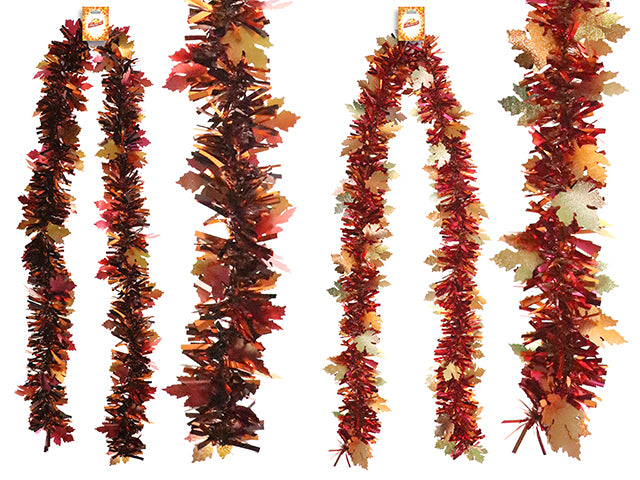 6.5ft x 5ply Chunky Embossed Maple Leaf Tinsel Garland. 4in Tips. 2 Asst.Styles. h/c.