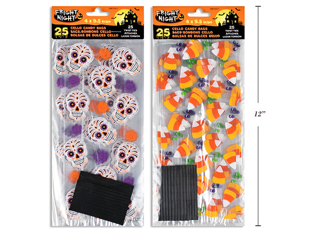 25pk 9.5in x 4in Hween Cello Candy Bags. Incl: 25 Black Twist Ties. 2 Asst. Pbh