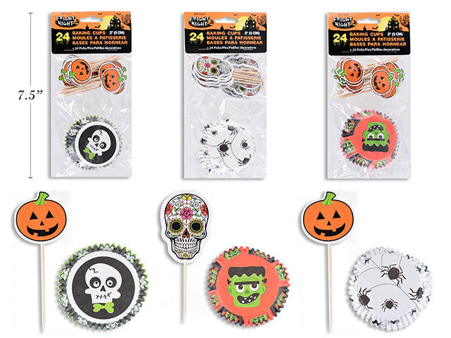 48pk Hween 2in Baking Cups w/Picks. 3 Asst.Styles. Pbh.