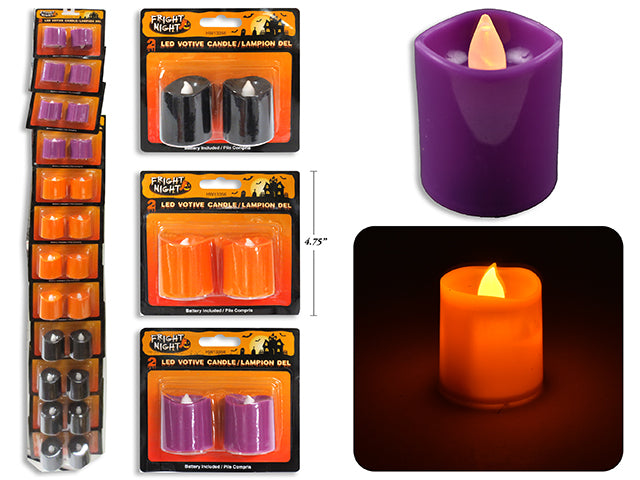 2pk Hween Flickering LED Votive Candle. b/c. 3 Asst Colours. 12/Clip Strip.