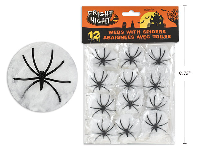 12pk Spider Web w/Spider. 1g Web/Pillow Pack w/1 Black Spider. Pbh.