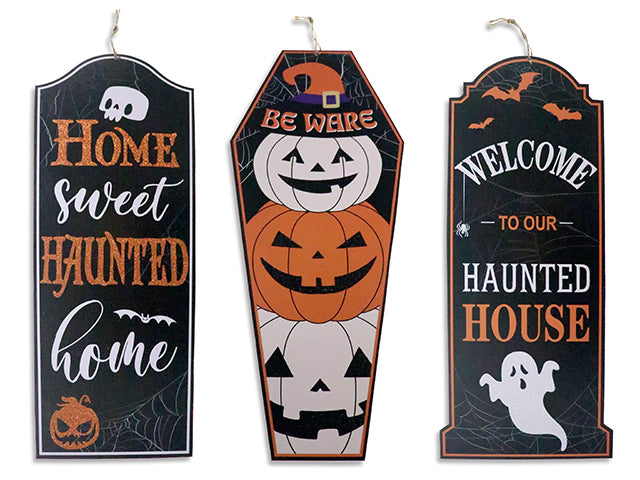 23.6in x 5.9in Hween Coffin / Tombstone MDF Hanging Plaque. 3 Asst.Styles. Cht.