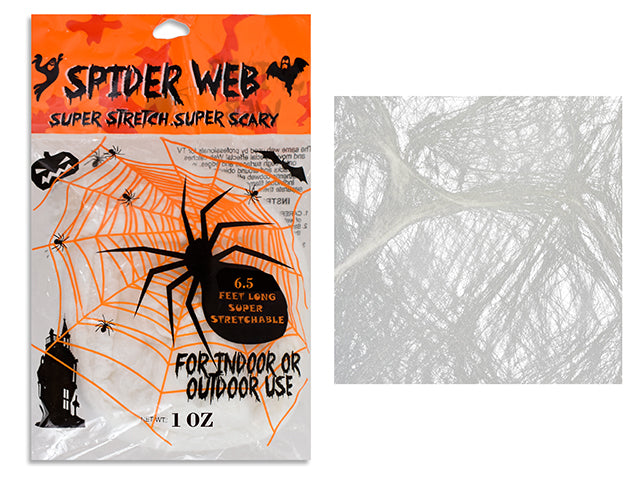 1oz Deluxe Super Stretchable Spider Web. Stretch up to 6.5 Feet. Fty English Printed Bag.