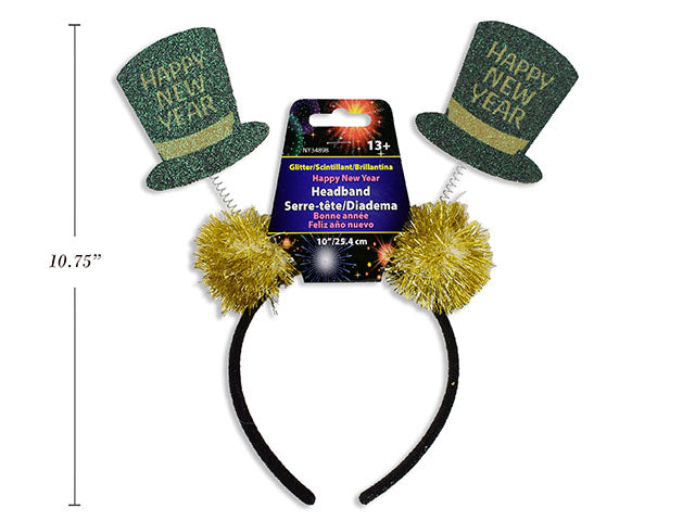 Happy New Year Glitter Top Hat Headband With Tinsel Pom Pom