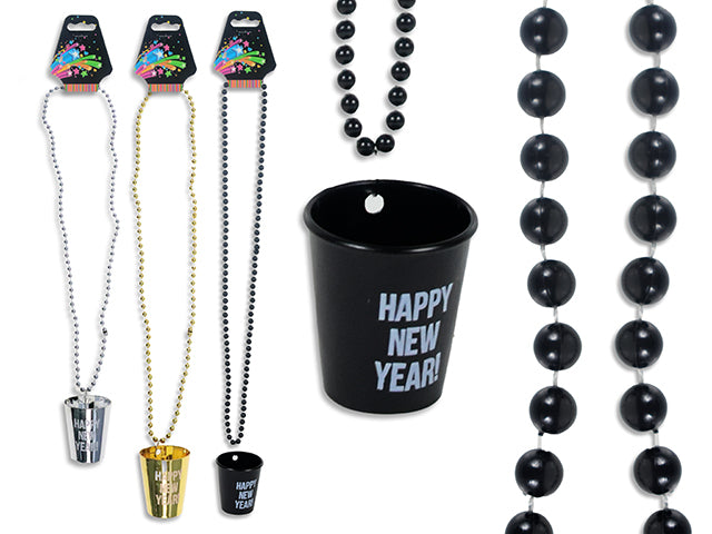 33in New Year Beaded Necklace w/ Shot Glass. 3 Asst: Black/Silver/Gold. Pbh.