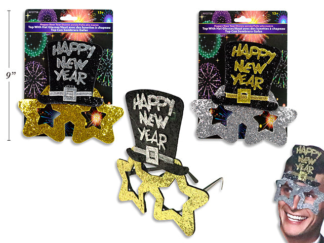 6-7/8in(W) x 6-7/8in(L) Happy New Years Glitter Star Top Hat Glasses. 2 Asst. Toc.