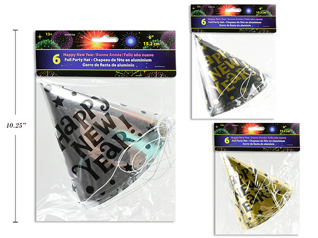 6pk 6in New Year Foil Party Hat. 3 Asst.Colours: Gold/Silver/Black. Pbh.