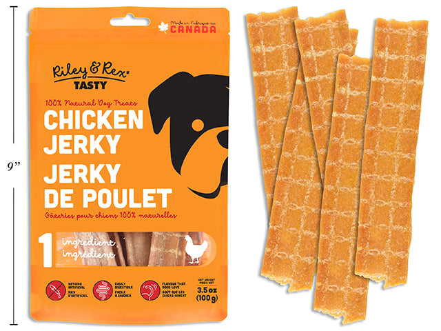 Chicken Jerky. 100G. Resealable Peggable Pouch.