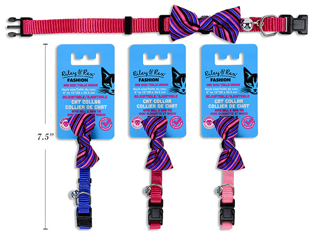 Adjustable Solid Nylon Cat Collar W/Bell +Bow Tie. 3/8In Width. 4 Asst.Colours. T.O.C.