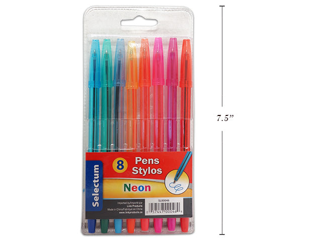 Neon Ink Clear Barrel Pens 8 Pack