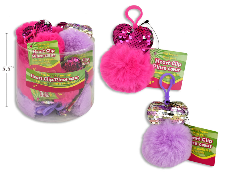 Sequin Heart Plush Pom Pom Clip 24 Pack