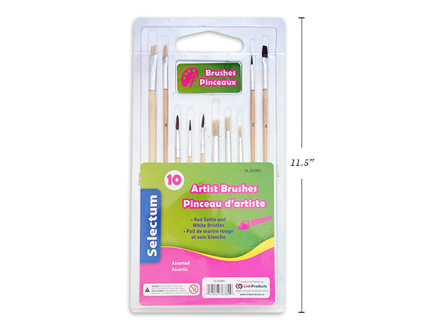 10 PC ASSORTED ART BRUSHES (ROUND+FLAT SIZES)