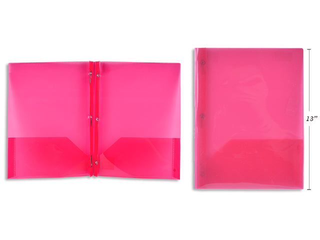 PLASTIC PORTFOLIO WITH PRONGS & 2 POCKETS, PINK TRANSLUCENT 9.5X11.5"