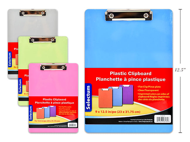 CLEAR PLASTIC CLIPBOARD 9X12.5 WITH CM/INCH EDGES 3 ASST COLOURS"