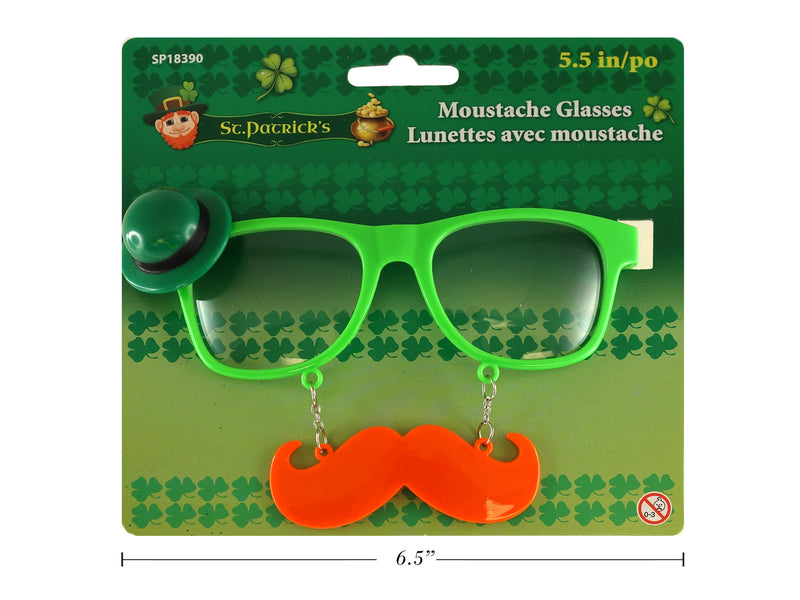 5.5In St. Patricks Day Moustache Glasses W- Leprechaun Hat Embellishment. Backer Card.