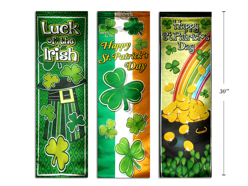 30In St.Patricks Foil Printed Non-Woven Hanging Banner. 2 Asst.Styles. Hang Tag