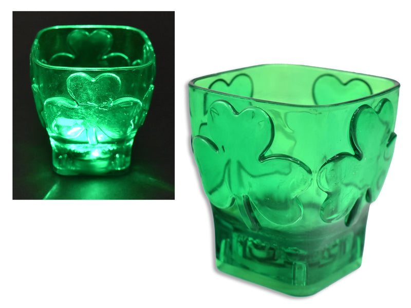 2in x 2-1/8in LED Light-up Shamrock Shot Glass. 3 x AG3 Button Cell Batteries Incl. pbh.