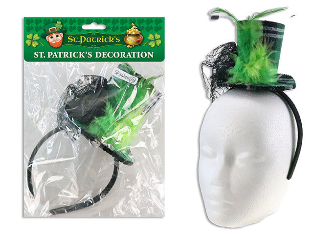 St.Pat's Jumbo Plaid Top Head Headband w/ Feather & Lace. J-hook w/Cht.