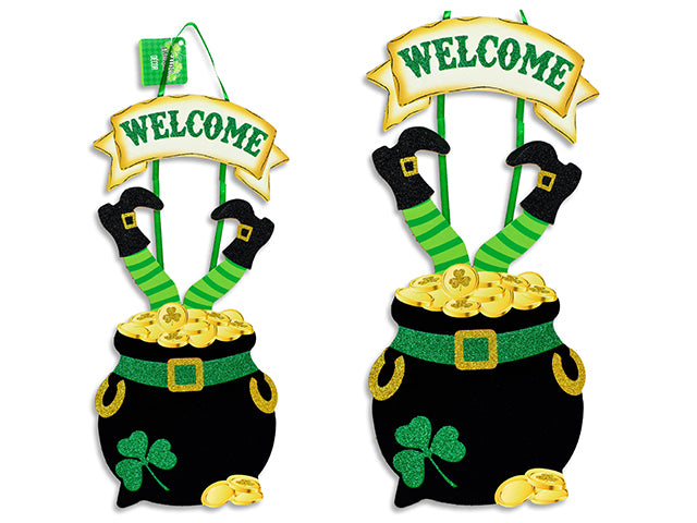 17.25in St. Pat's 2-Section Glitter MDF Leprechaun w/Gold Pot MDF Welcome Plaque. Cht.