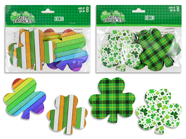 8pk 3-5/8in x 3.5in St. Pat's Die-Cut Printed MDF Shamrock. 2 Asst.Designs/Pack. Pbh.