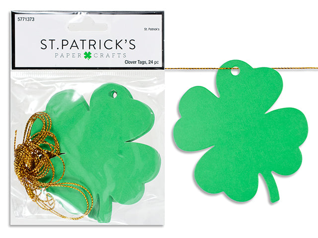 24pk 3.5in x 3.5in St.Pat's Shamrock Paper Tag w/2m (6.5ft) Gold Tinsel String. Pbh.