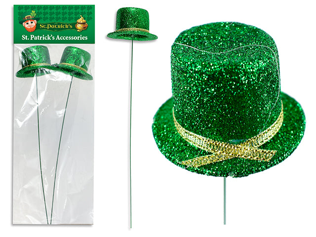 2pk 9in St. Pat's Glitter Top Hat Picks. Hat Size: 2-1/8in(L) x 2in(W) x 1-7/8in(H). Pbh.