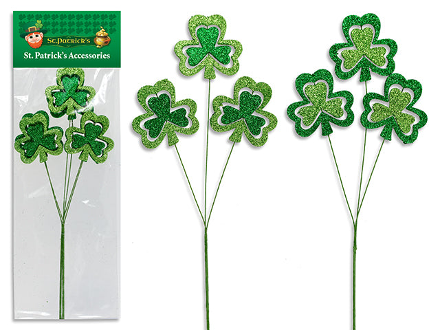 2pk 12in St. Pat's Glitter Shamrock Picks. 3 Shamrocks / Pick. 2 Asst.Colours/Pack. Pbh.