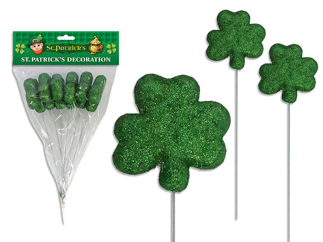 6pk 8.66in Glitter Shamrock Pick. 2.36in Shamrock Size. pbh.