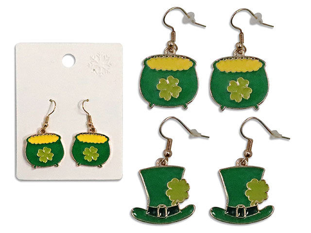 St. Pat's Metal Earrings. 2 Asst.Styles: Pot of Gold / Hat. T.o.c.