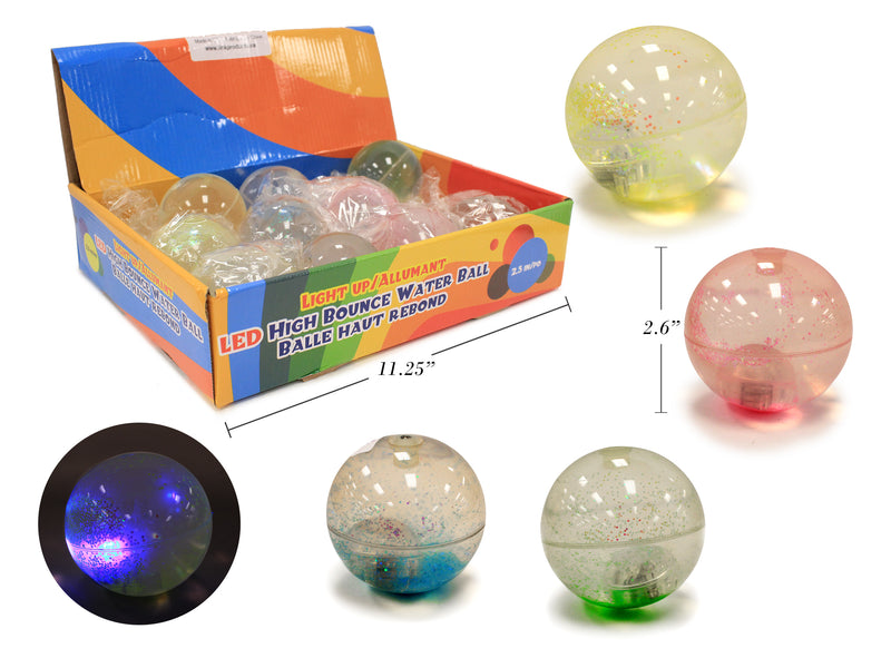 65Mm Led Glitter High Bounce Water Ball. 4 Asst.Colours. Bulk.