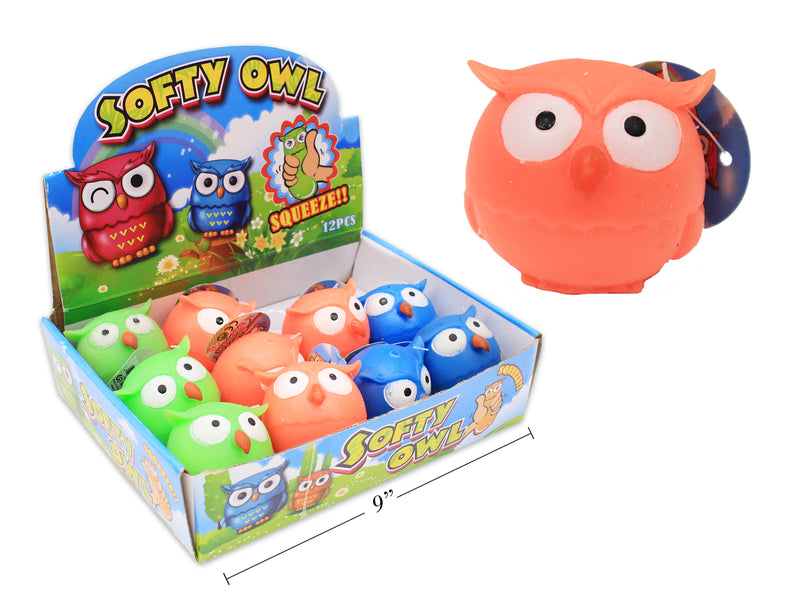 2-3-8In Tpr Squeezable Softy Owl In Display. 3 Asst.Colours: Blue - Green - Fuchsia.