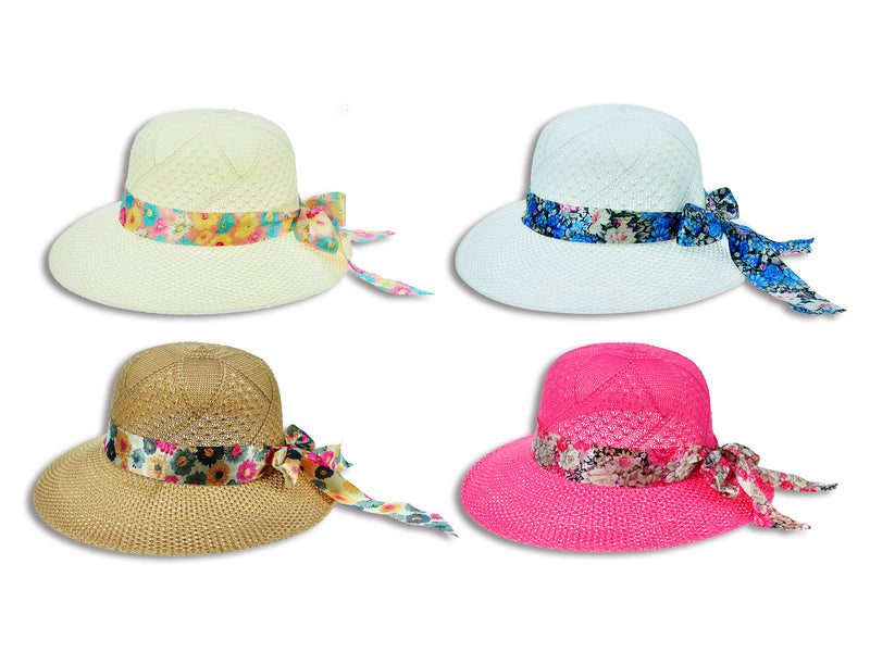 13.5In Ladies Summer Hat W-Printed Ribbon. 6In(H). 4 Asst. J-Hook W-Cht.